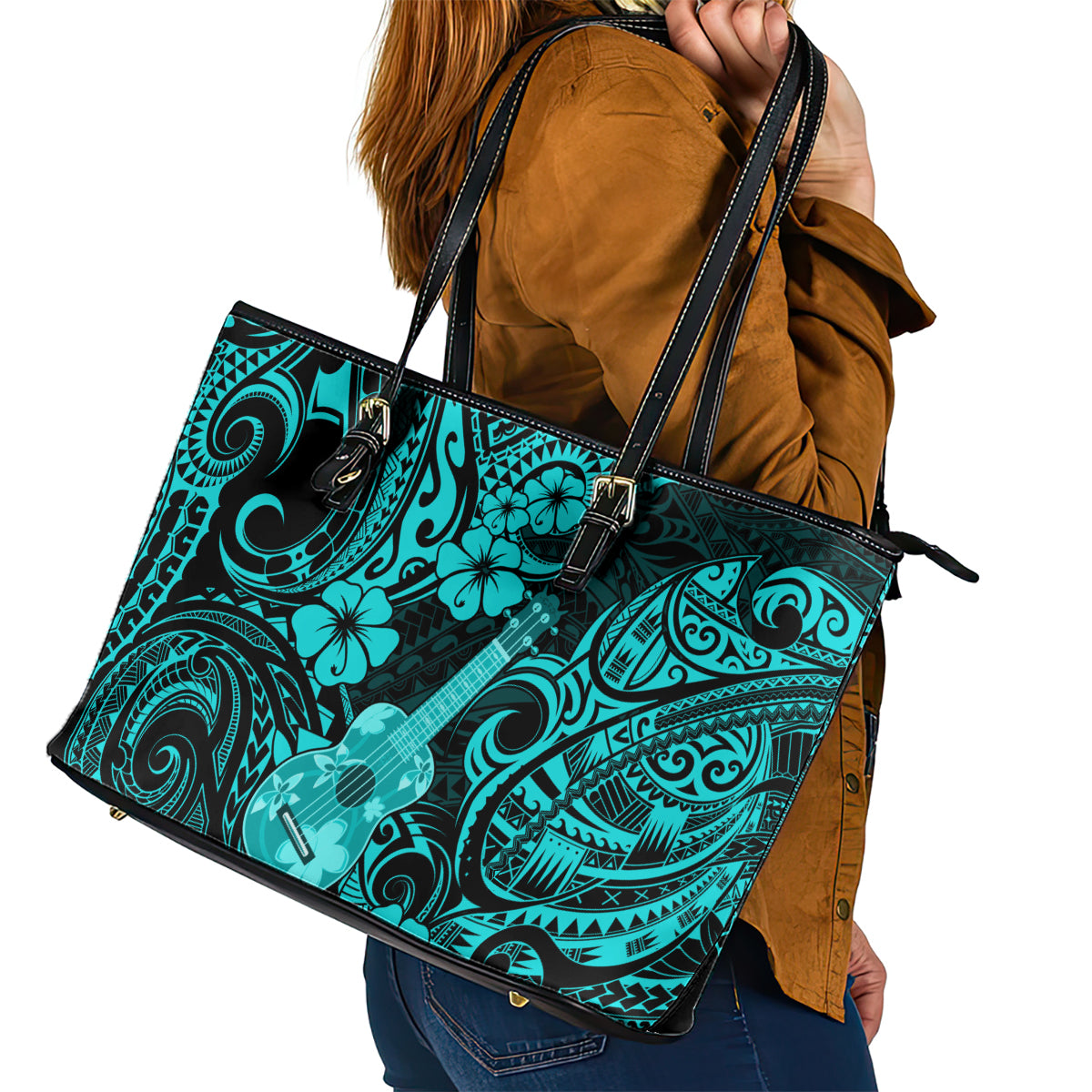 Hawaii Ukulele Leather Tote Bag Polynesian Pattern Turquoise Version - Wonder Print Shop