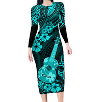 Hawaii Ukulele Long Sleeve Bodycon Dress Polynesian Pattern Turquoise Version - Wonder Print Shop