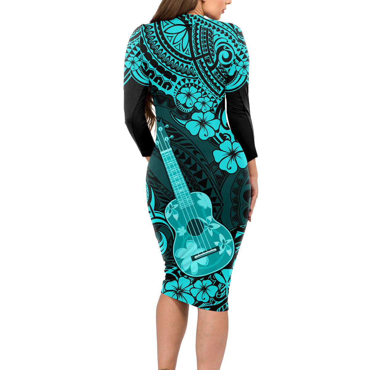 Hawaii Ukulele Long Sleeve Bodycon Dress Polynesian Pattern Turquoise Version - Wonder Print Shop
