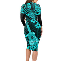 Hawaii Ukulele Long Sleeve Bodycon Dress Polynesian Pattern Turquoise Version - Wonder Print Shop