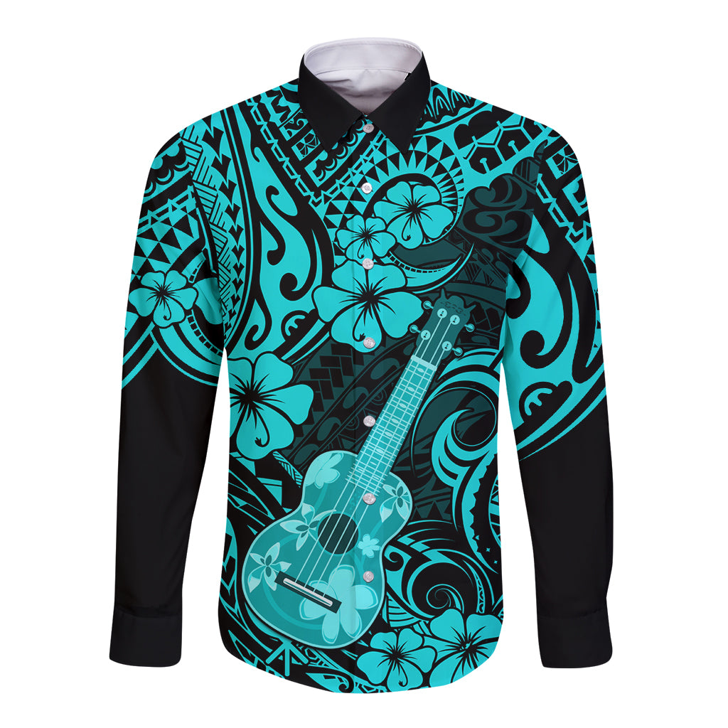 Hawaii Ukulele Long Sleeve Button Shirt Polynesian Pattern Turquoise Version - Wonder Print Shop