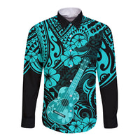 Hawaii Ukulele Long Sleeve Button Shirt Polynesian Pattern Turquoise Version - Wonder Print Shop