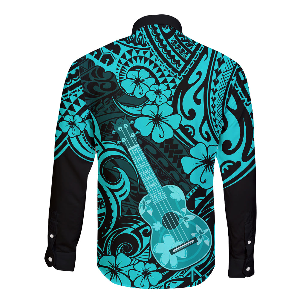 Hawaii Ukulele Long Sleeve Button Shirt Polynesian Pattern Turquoise Version - Wonder Print Shop