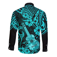 Hawaii Ukulele Long Sleeve Button Shirt Polynesian Pattern Turquoise Version - Wonder Print Shop