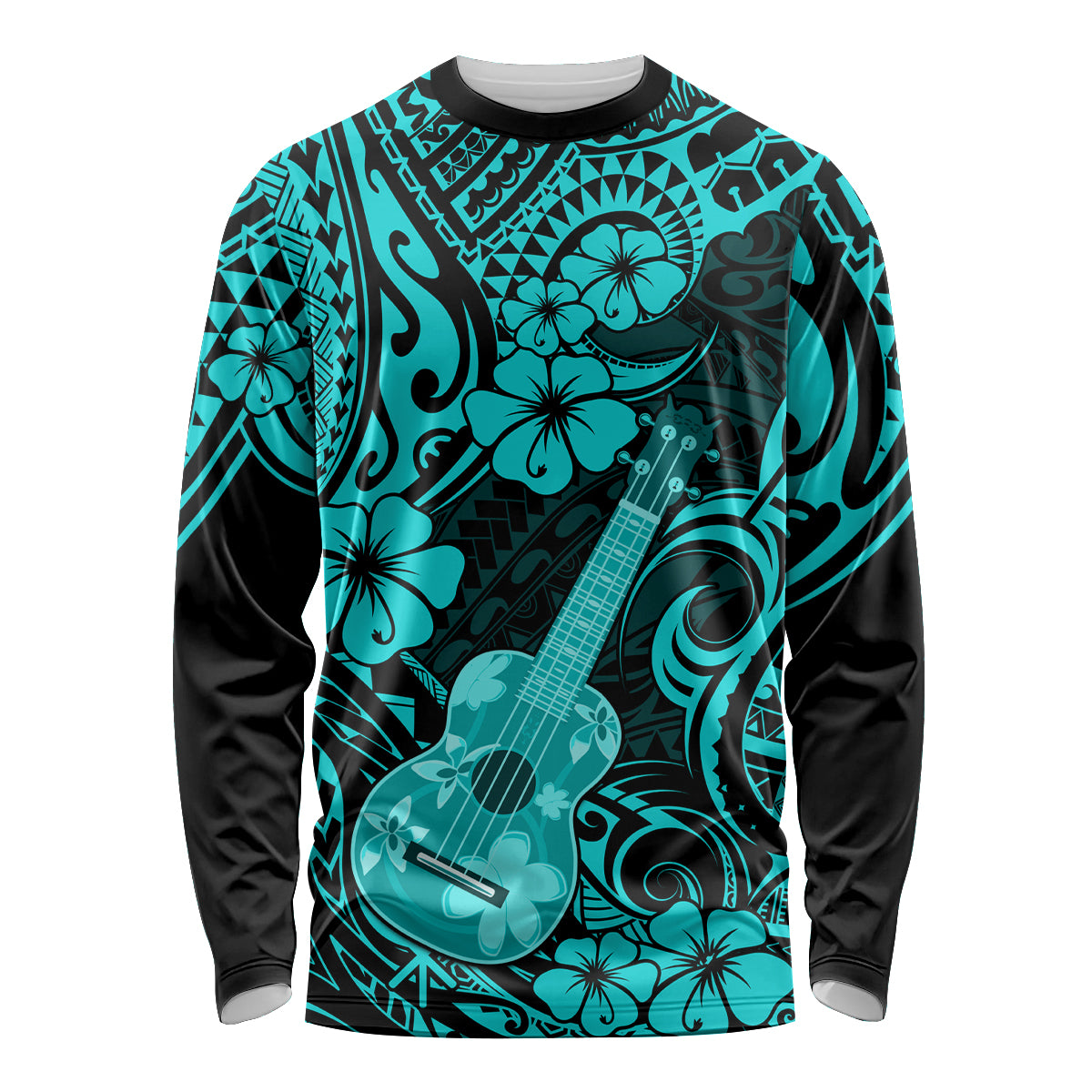 Hawaii Ukulele Long Sleeve Shirt Polynesian Pattern Turquoise Version - Wonder Print Shop