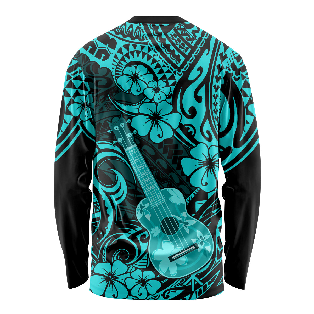 Hawaii Ukulele Long Sleeve Shirt Polynesian Pattern Turquoise Version - Wonder Print Shop