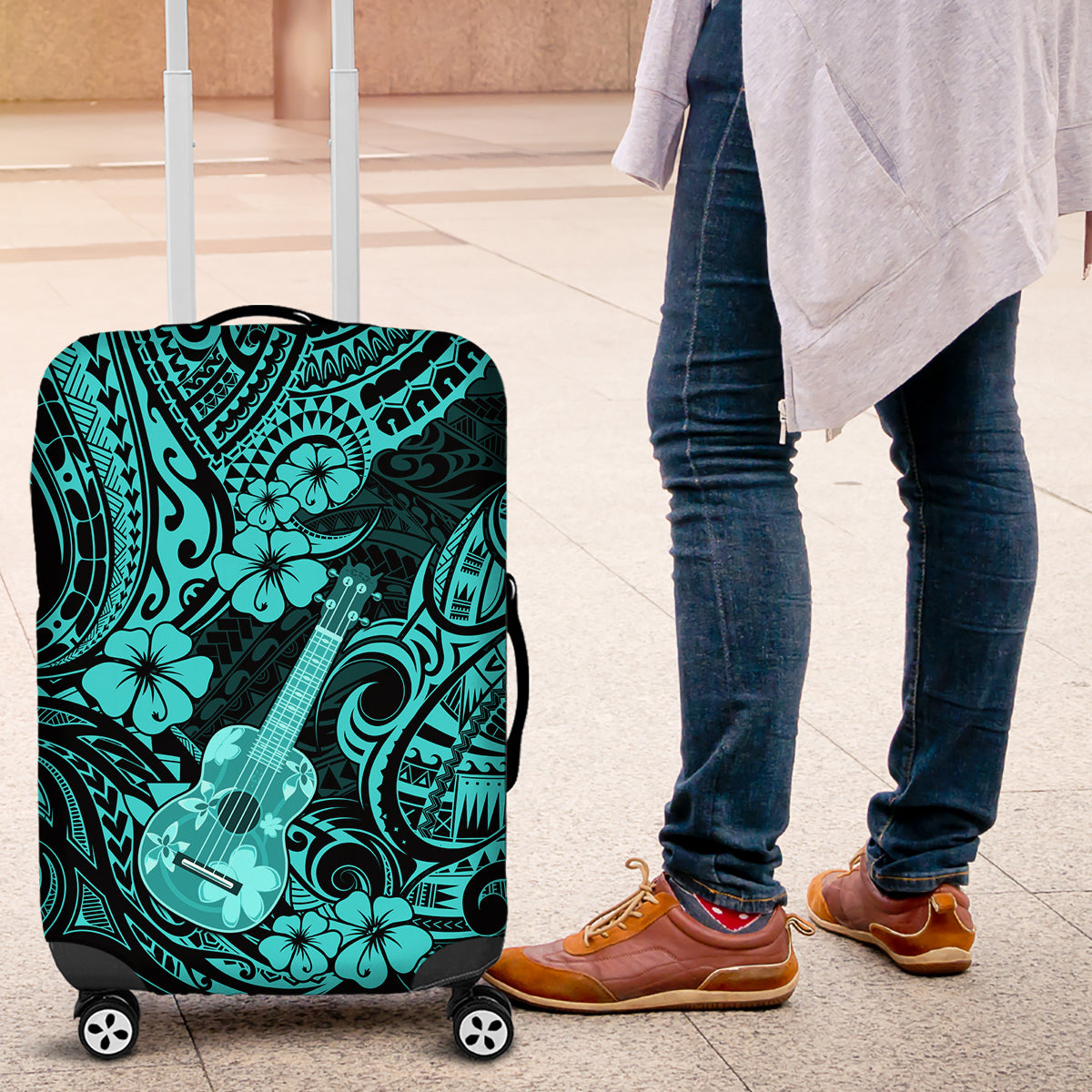 Hawaii Ukulele Luggage Cover Polynesian Pattern Turquoise Version - Wonder Print Shop