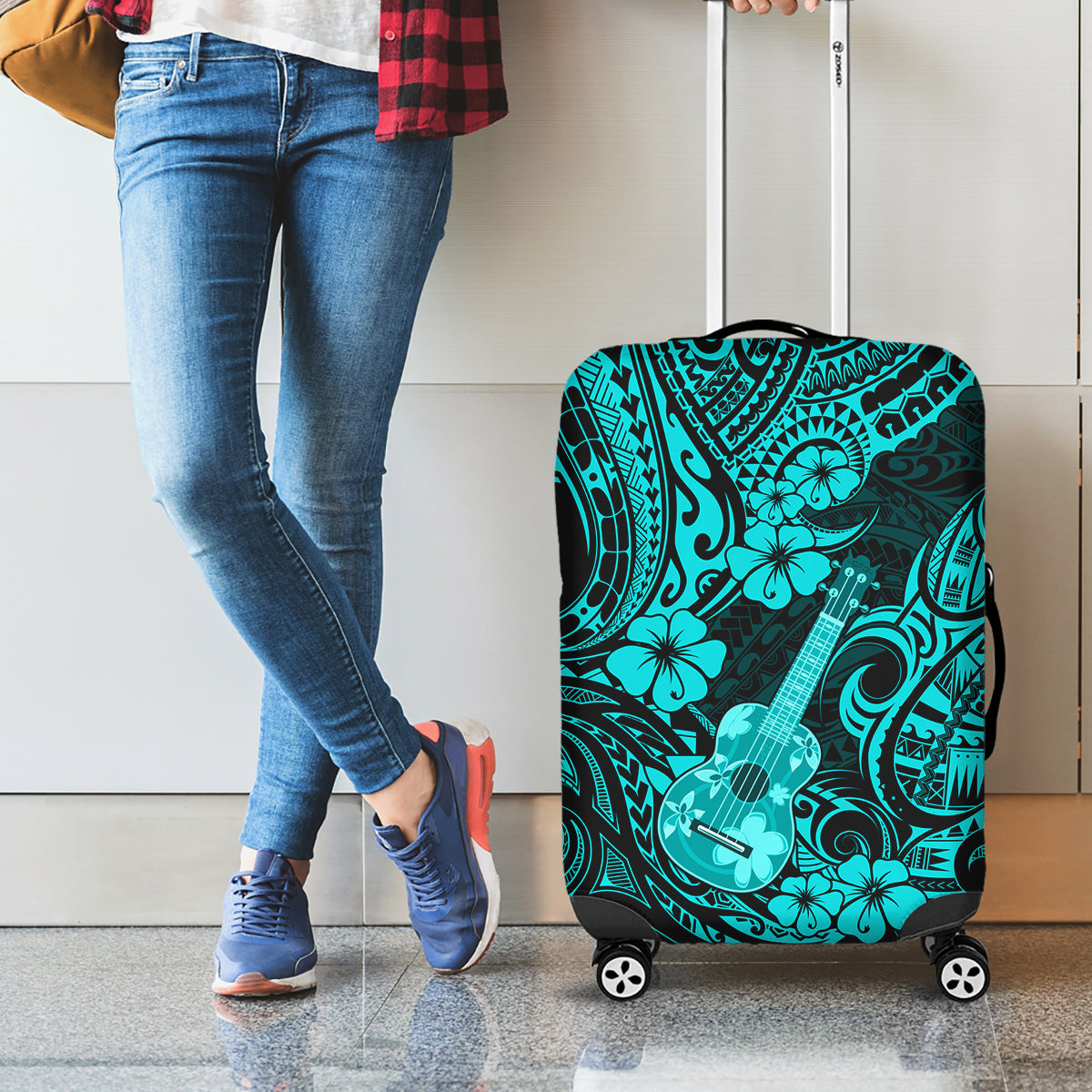 Hawaii Ukulele Luggage Cover Polynesian Pattern Turquoise Version - Wonder Print Shop
