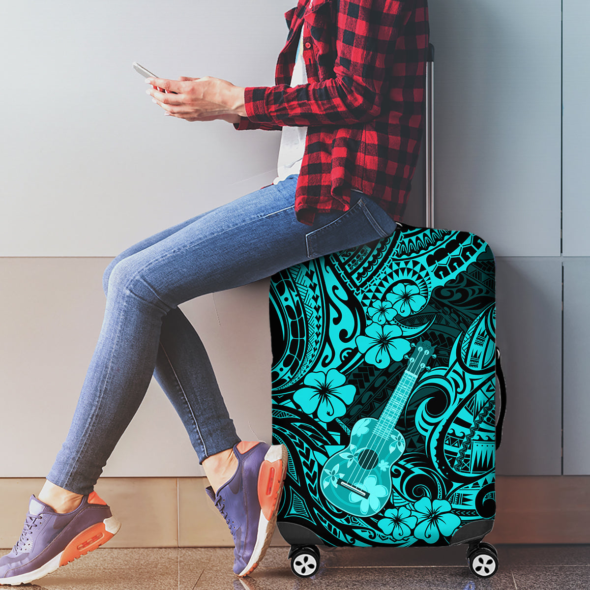 Hawaii Ukulele Luggage Cover Polynesian Pattern Turquoise Version - Wonder Print Shop