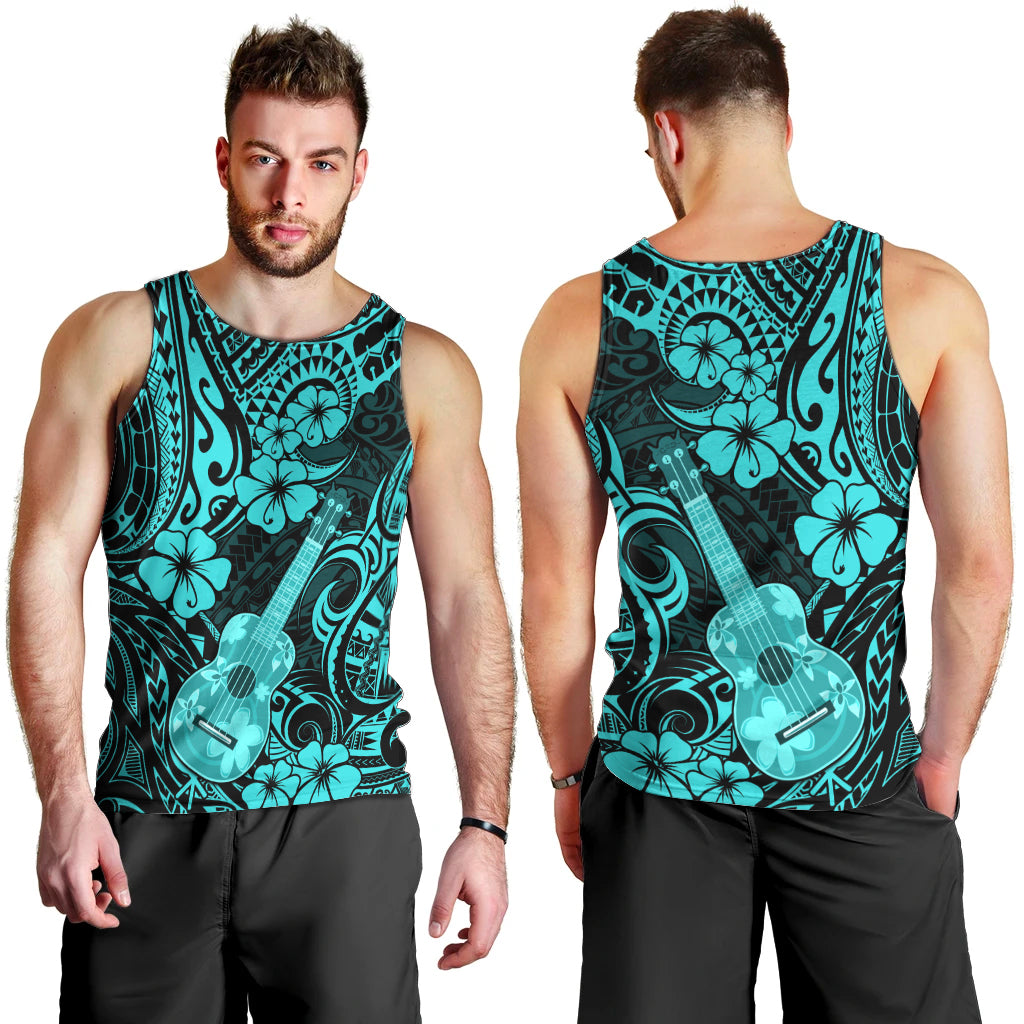 Hawaii Ukulele Men Tank Top Polynesian Pattern Turquoise Version - Wonder Print Shop