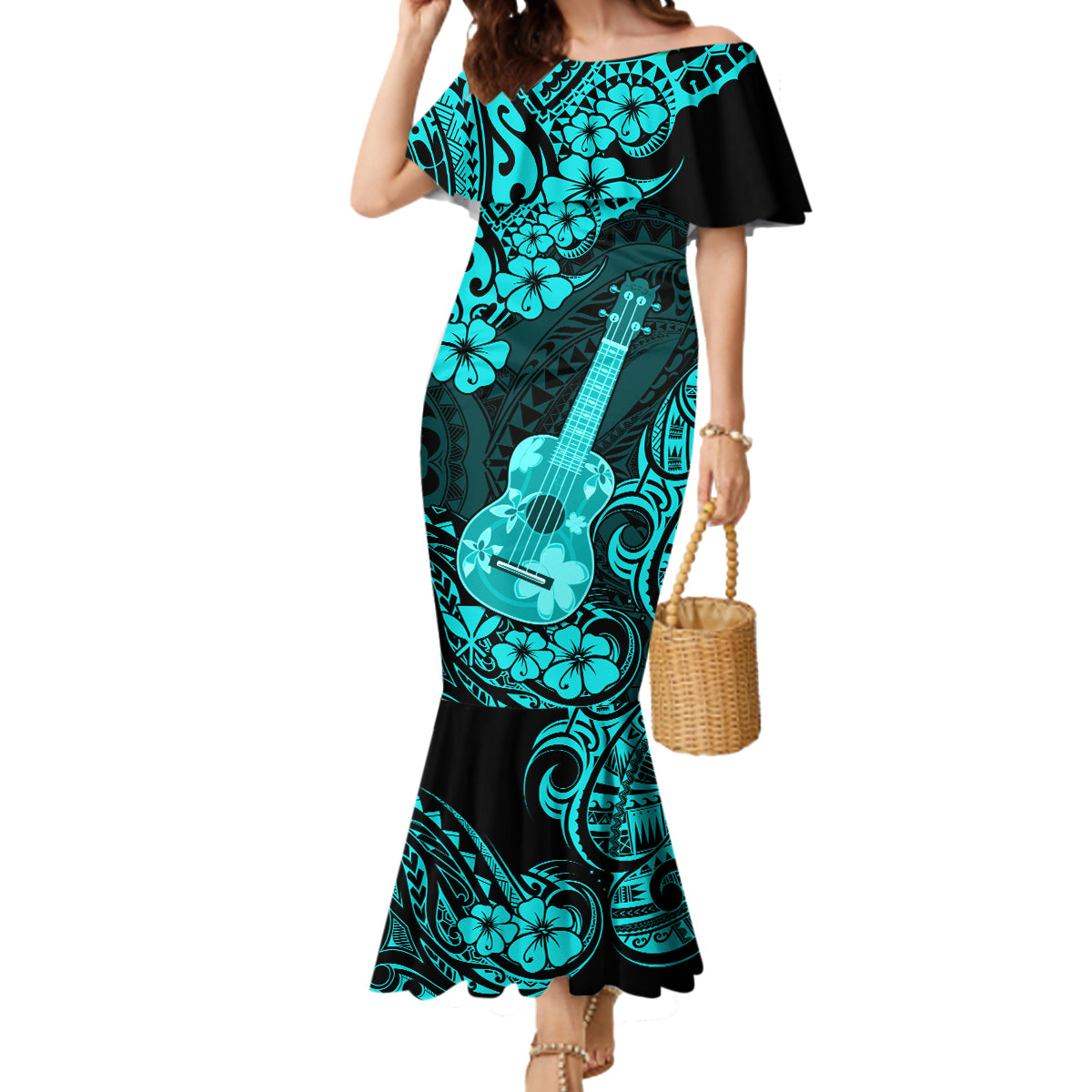 Hawaii Ukulele Mermaid Dress Polynesian Pattern Turquoise Version - Wonder Print Shop