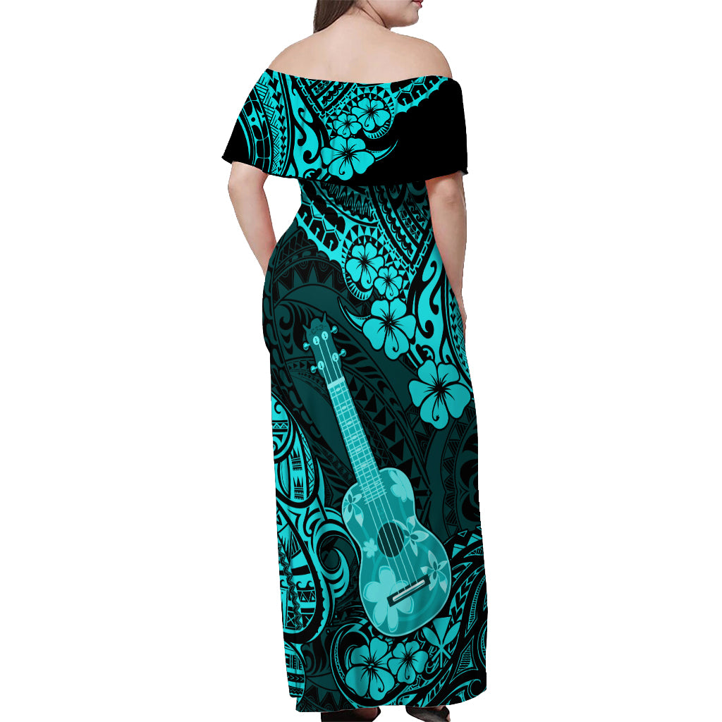 Hawaii Ukulele Off Shoulder Maxi Dress Polynesian Pattern Turquoise Version - Wonder Print Shop