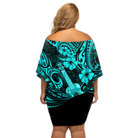 Hawaii Ukulele Off Shoulder Short Dress Polynesian Pattern Turquoise Version - Wonder Print Shop