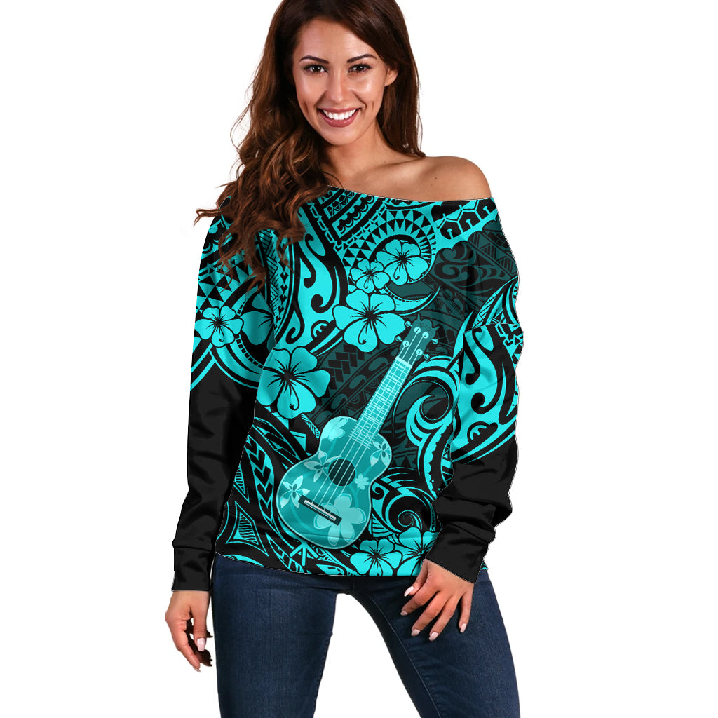 Hawaii Ukulele Off Shoulder Sweater Polynesian Pattern Turquoise Version - Wonder Print Shop