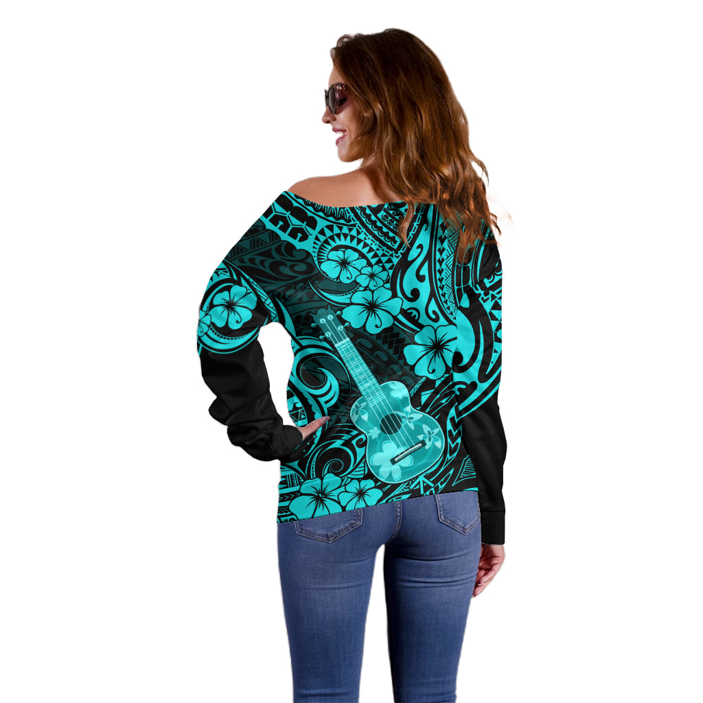 Hawaii Ukulele Off Shoulder Sweater Polynesian Pattern Turquoise Version - Wonder Print Shop