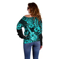 Hawaii Ukulele Off Shoulder Sweater Polynesian Pattern Turquoise Version - Wonder Print Shop