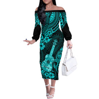 Hawaii Ukulele Off The Shoulder Long Sleeve Dress Polynesian Pattern Turquoise Version - Wonder Print Shop