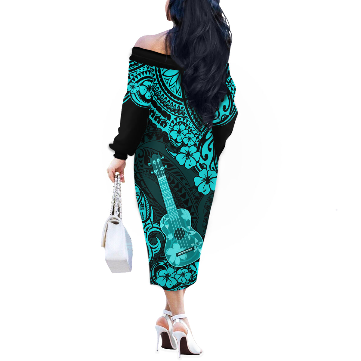 Hawaii Ukulele Off The Shoulder Long Sleeve Dress Polynesian Pattern Turquoise Version - Wonder Print Shop