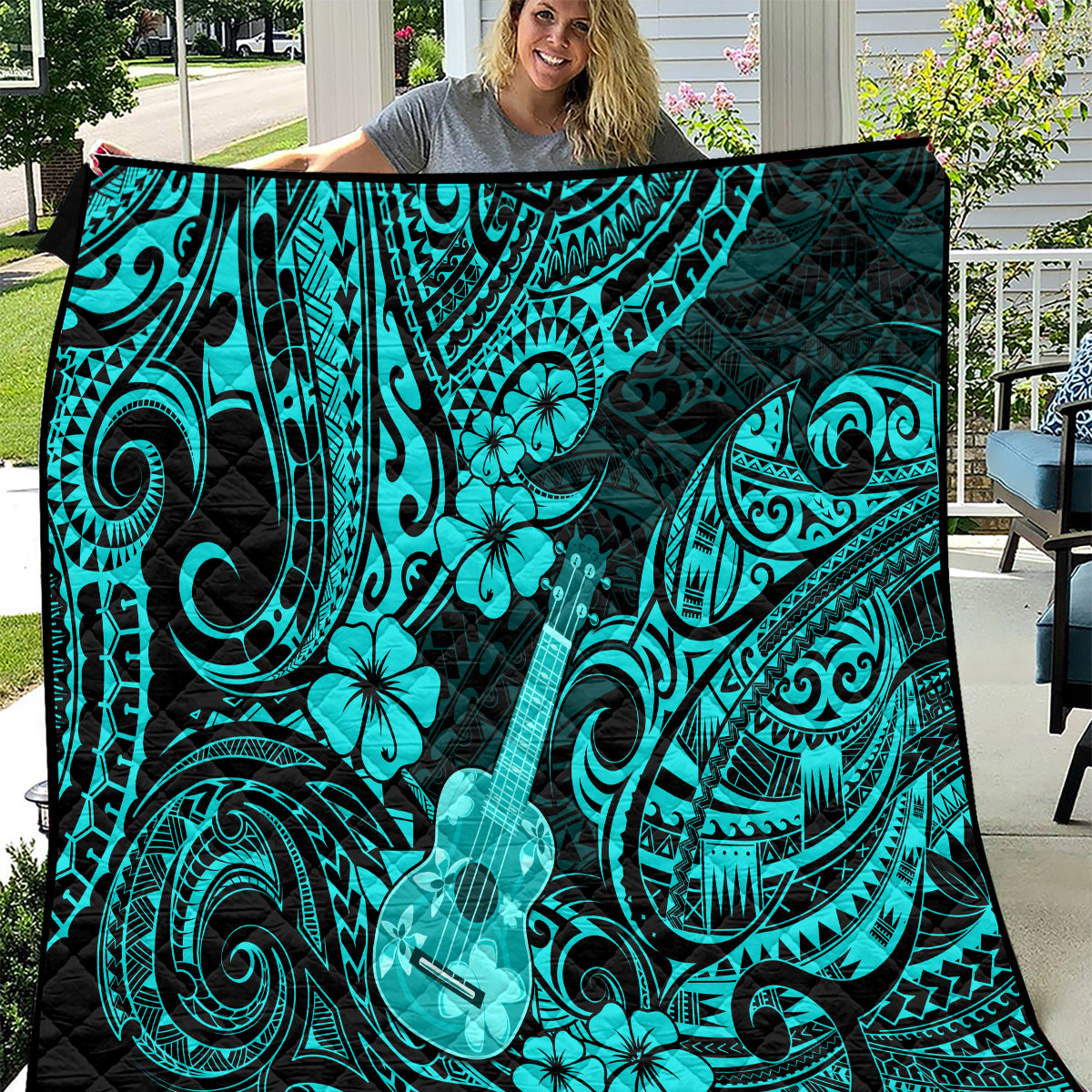 Hawaii Ukulele Quilt Polynesian Pattern Turquoise Version - Wonder Print Shop