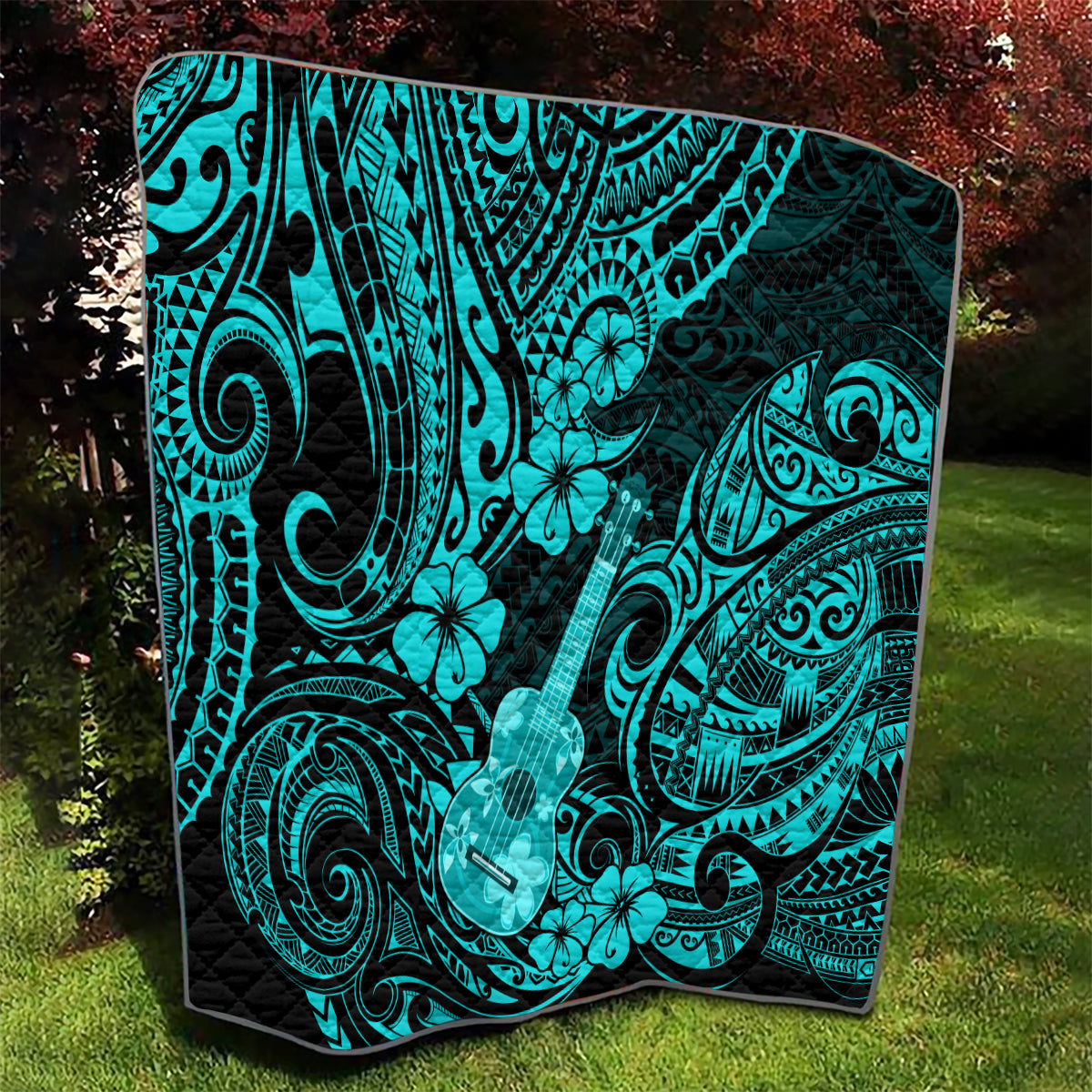 Hawaii Ukulele Quilt Polynesian Pattern Turquoise Version - Wonder Print Shop