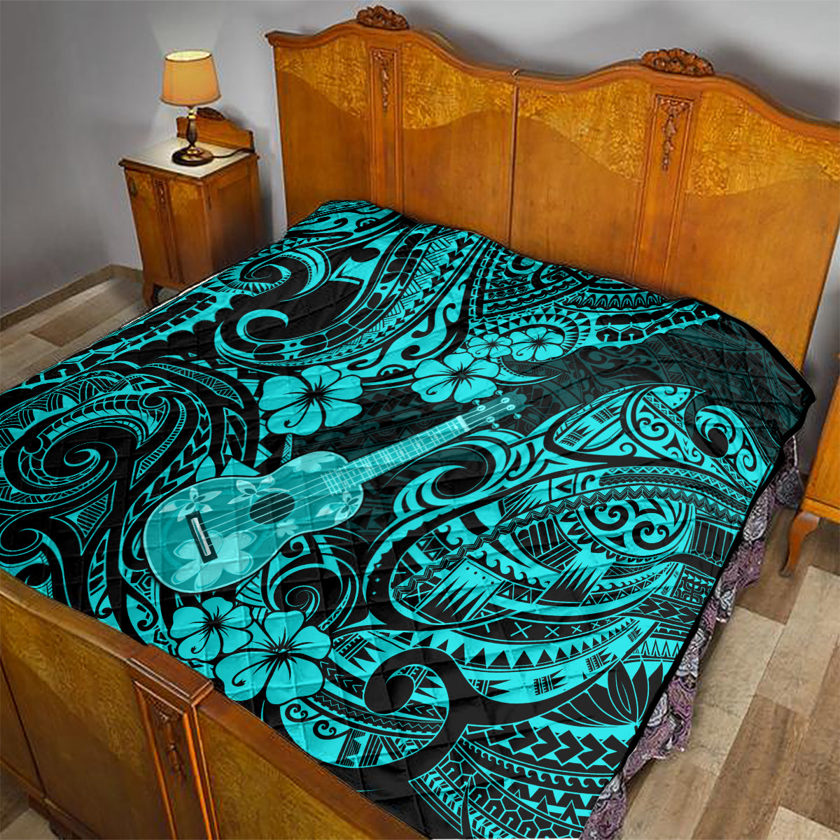 Hawaii Ukulele Quilt Polynesian Pattern Turquoise Version - Wonder Print Shop