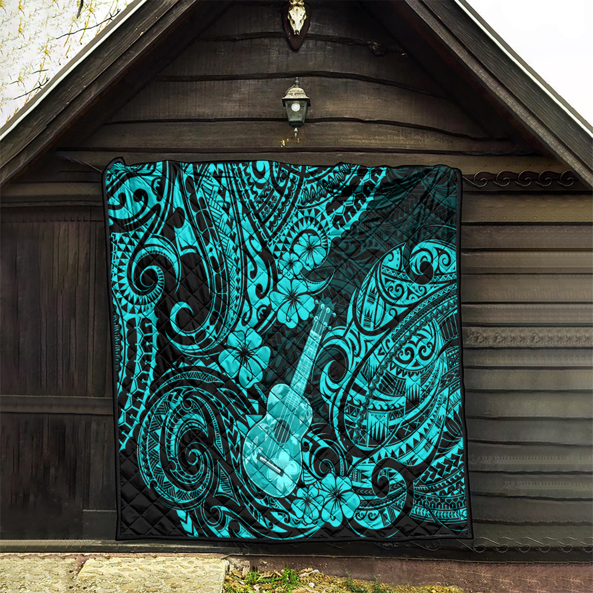 Hawaii Ukulele Quilt Polynesian Pattern Turquoise Version - Wonder Print Shop