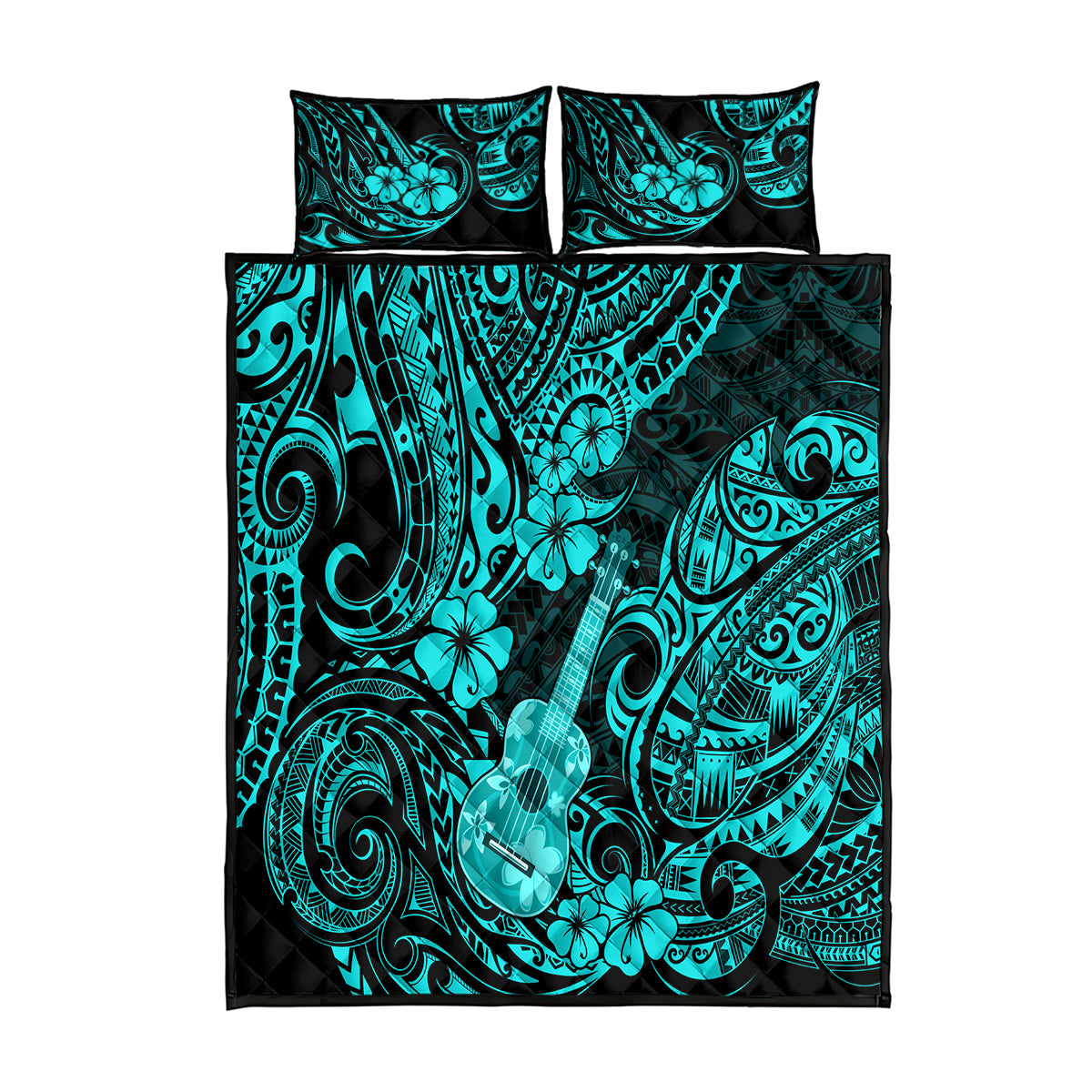 Hawaii Ukulele Quilt Bed Set Polynesian Pattern Turquoise Version - Wonder Print Shop