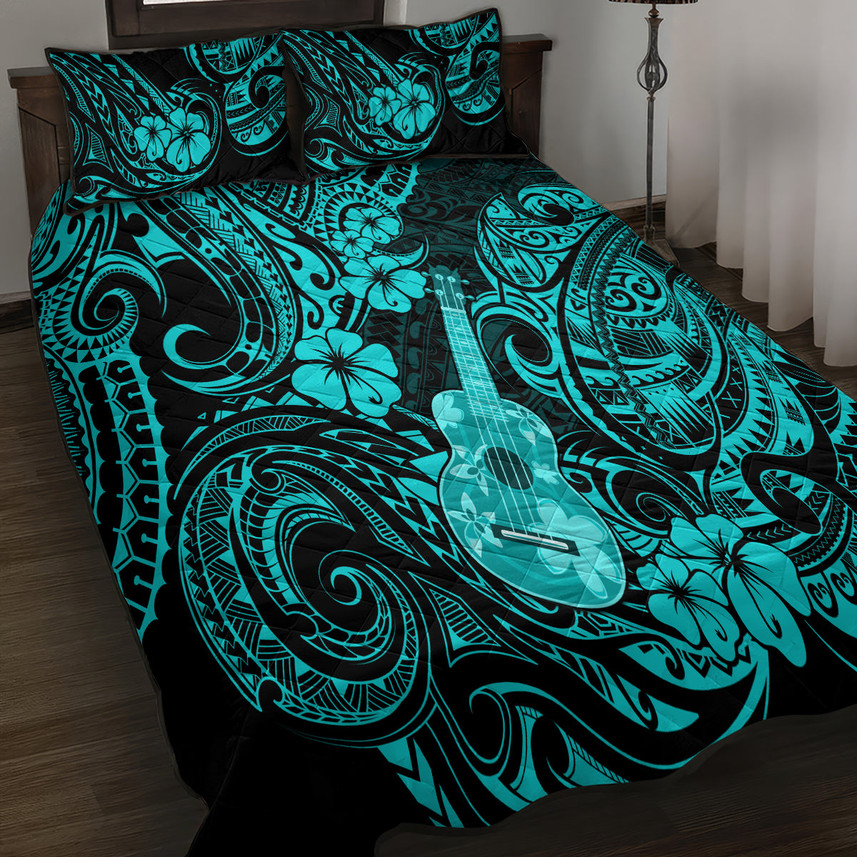 Hawaii Ukulele Quilt Bed Set Polynesian Pattern Turquoise Version - Wonder Print Shop
