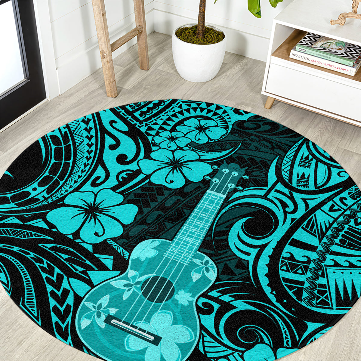hawaii-ukulele-round-carpet-polynesian-pattern-turquoise-version