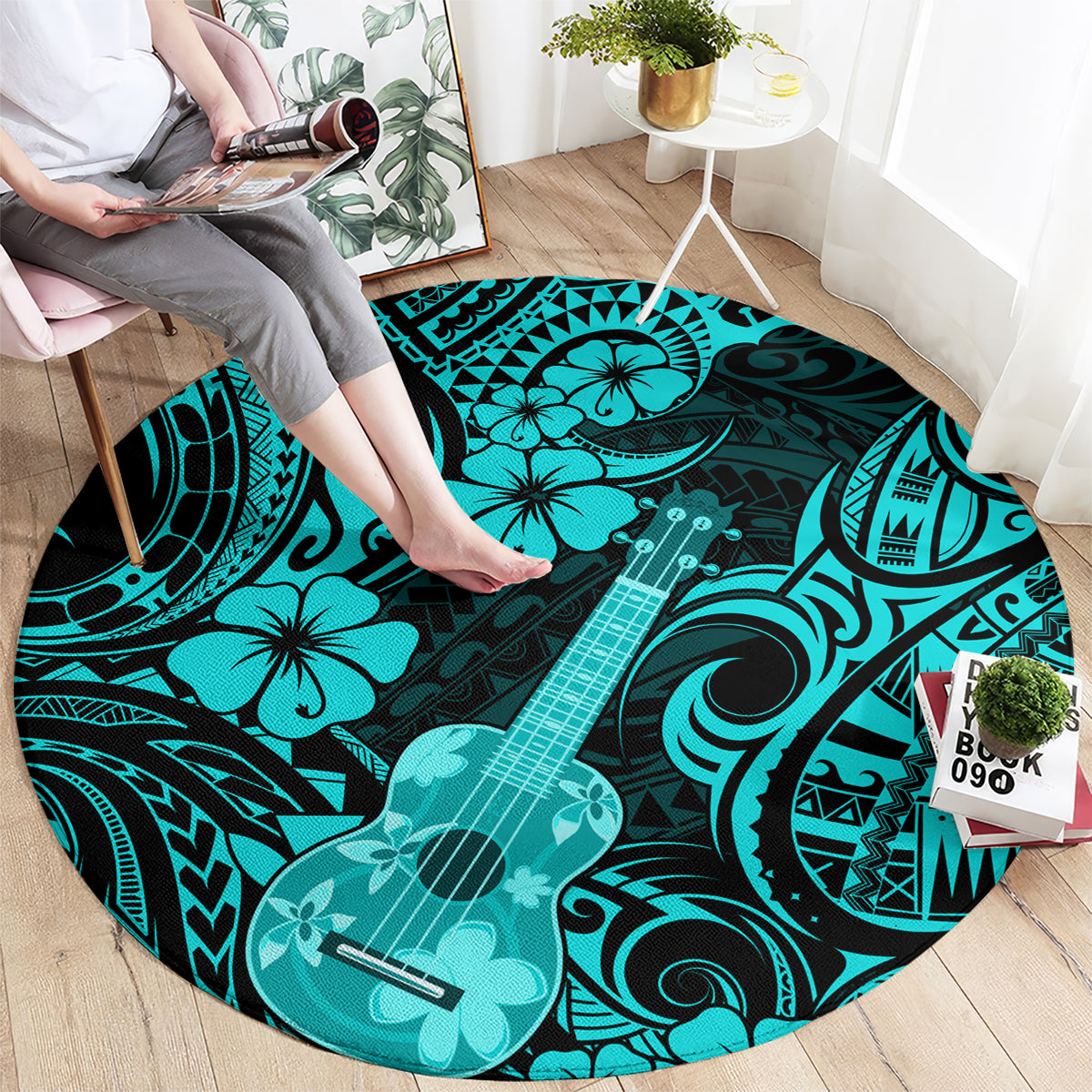hawaii-ukulele-round-carpet-polynesian-pattern-turquoise-version