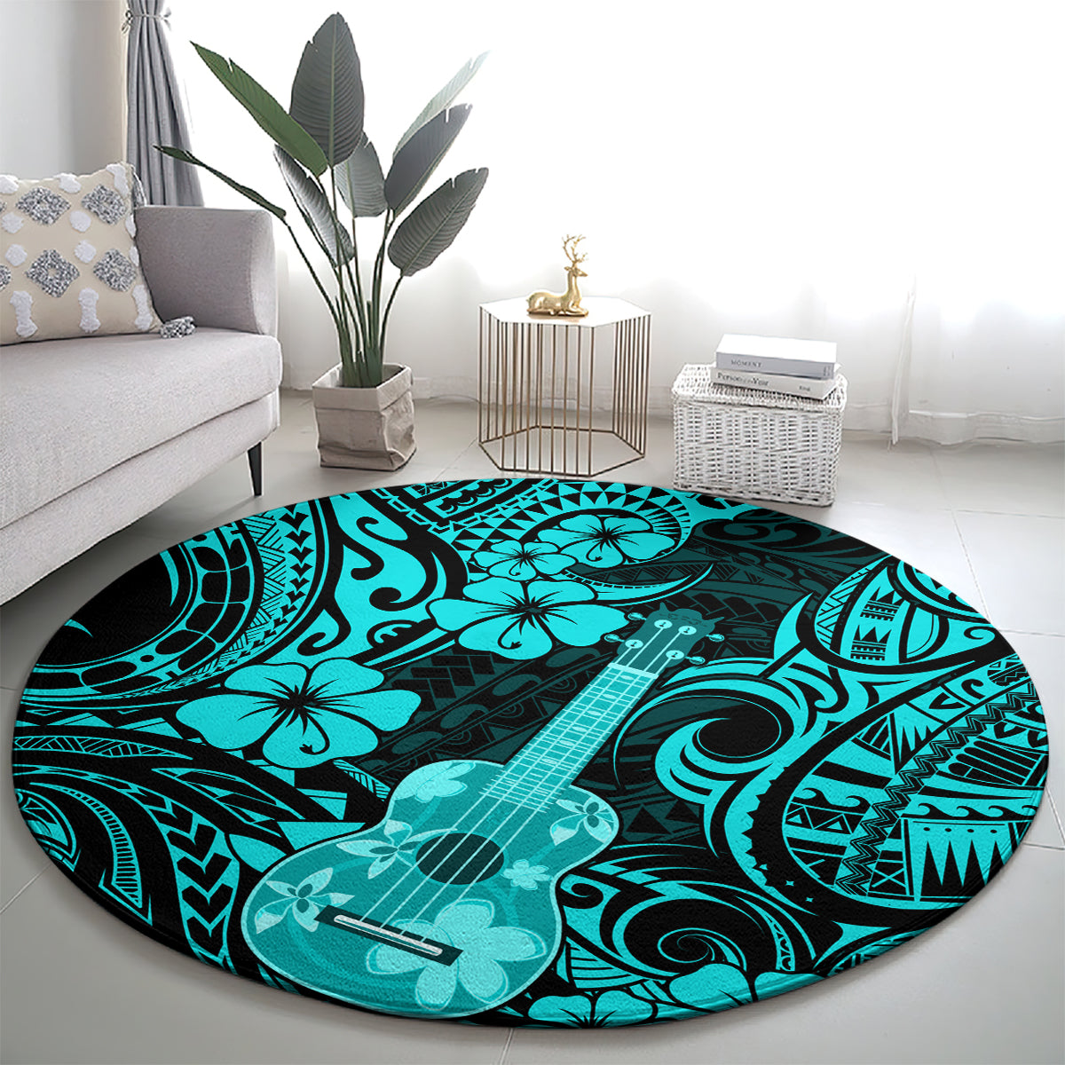 hawaii-ukulele-round-carpet-polynesian-pattern-turquoise-version