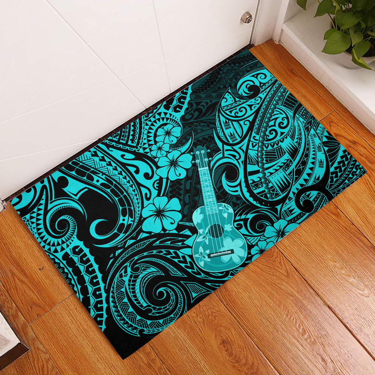 Hawaii Ukulele Rubber Doormat Polynesian Pattern Turquoise Version - Wonder Print Shop