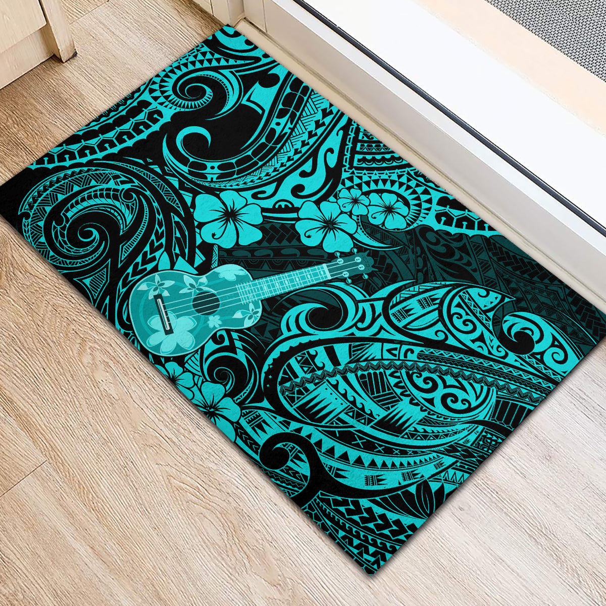 Hawaii Ukulele Rubber Doormat Polynesian Pattern Turquoise Version - Wonder Print Shop