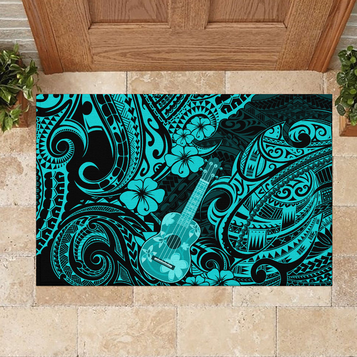Hawaii Ukulele Rubber Doormat Polynesian Pattern Turquoise Version - Wonder Print Shop