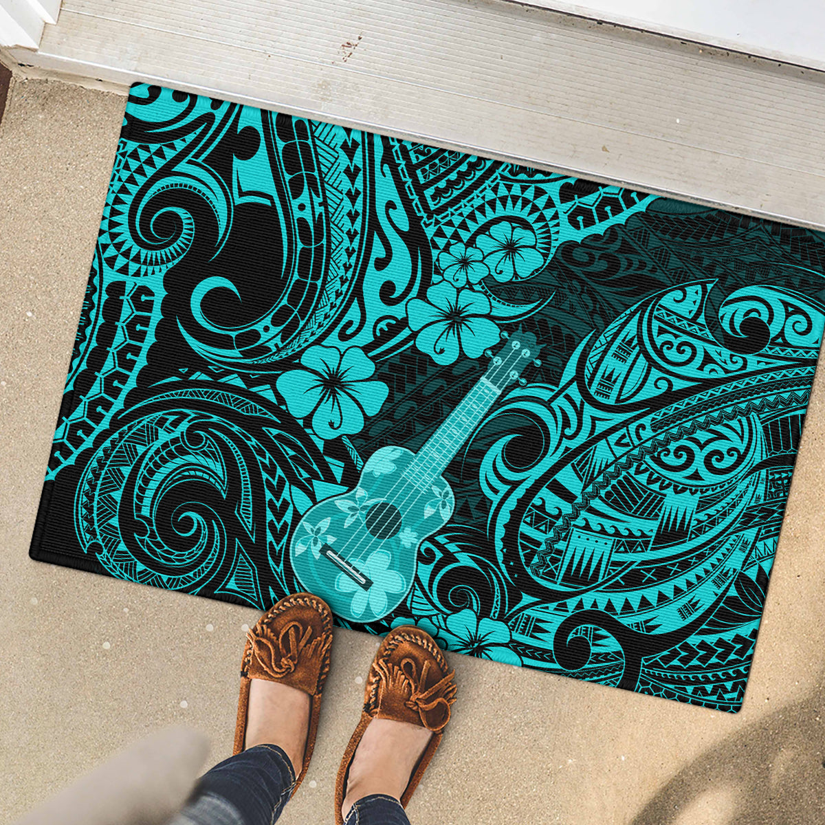 Hawaii Ukulele Rubber Doormat Polynesian Pattern Turquoise Version - Wonder Print Shop