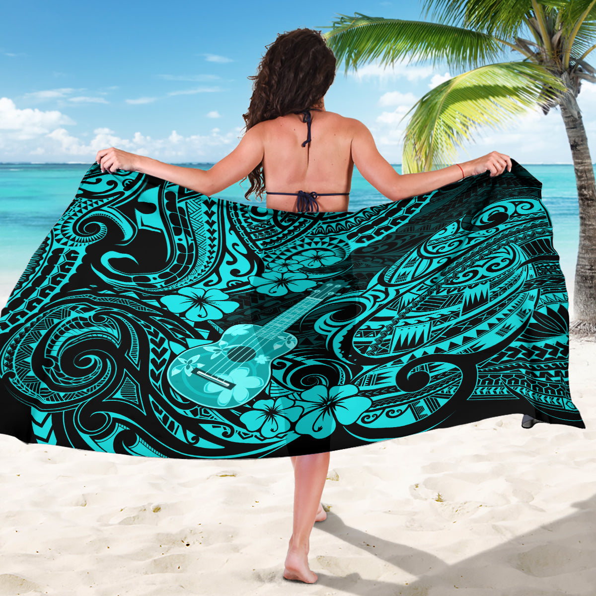 Hawaii Ukulele Sarong Polynesian Pattern Turquoise Version - Wonder Print Shop