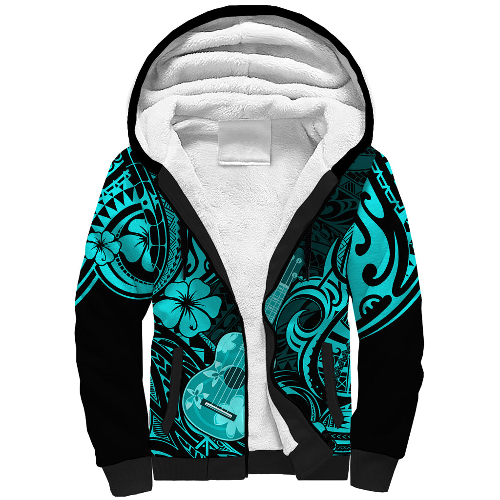 Hawaii Ukulele Sherpa Hoodie Polynesian Pattern Turquoise Version - Wonder Print Shop