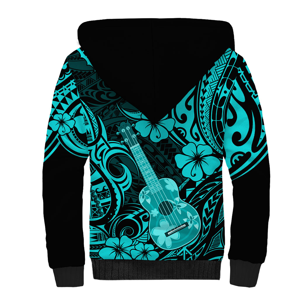 Hawaii Ukulele Sherpa Hoodie Polynesian Pattern Turquoise Version - Wonder Print Shop