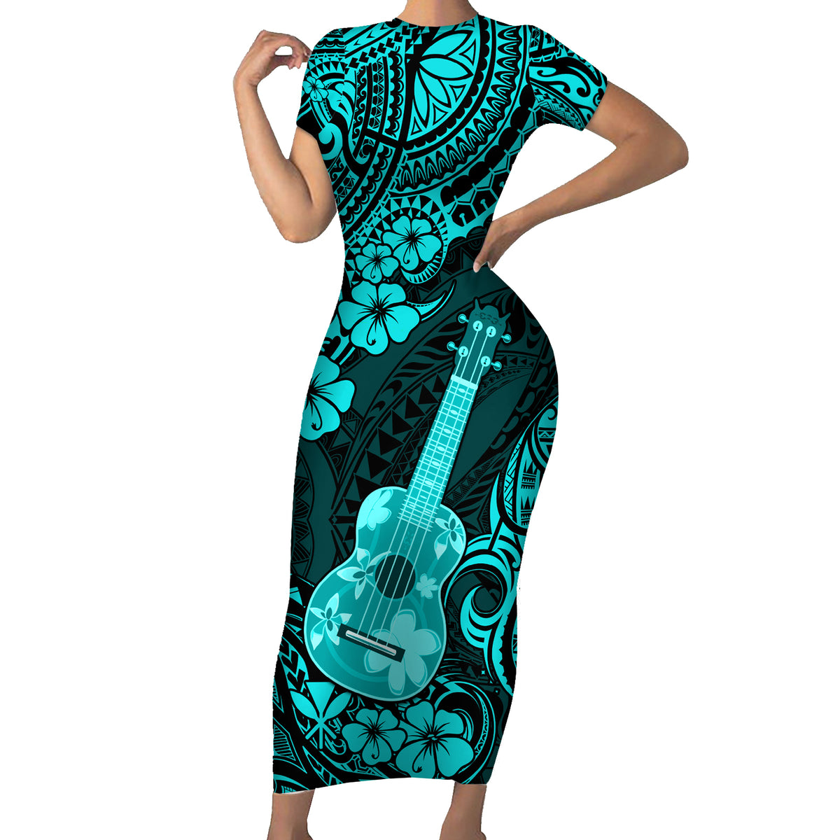 Hawaii Ukulele Short Sleeve Bodycon Dress Polynesian Pattern Turquoise Version - Wonder Print Shop