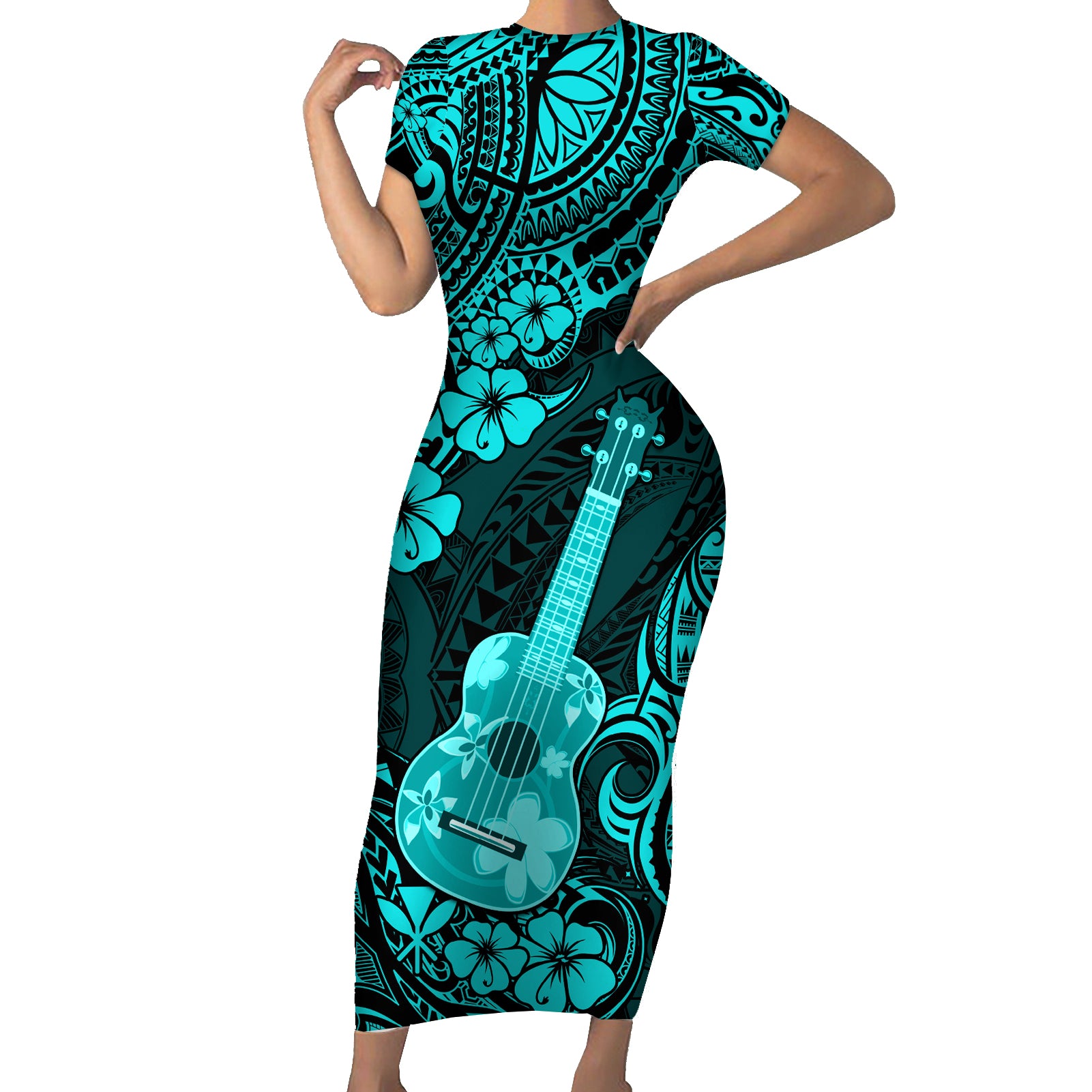 Hawaii Ukulele Short Sleeve Bodycon Dress Polynesian Pattern Turquoise Version - Wonder Print Shop