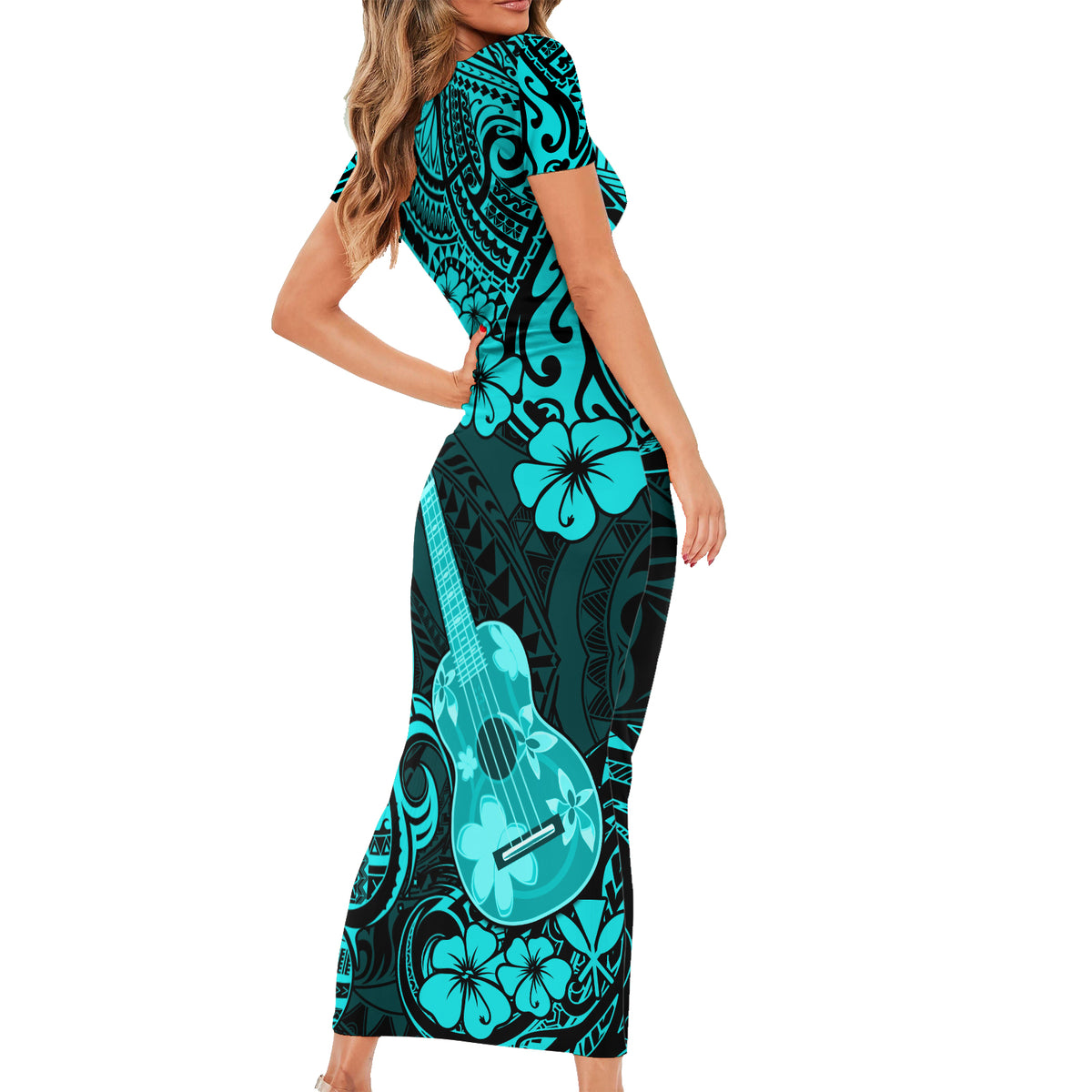 Hawaii Ukulele Short Sleeve Bodycon Dress Polynesian Pattern Turquoise Version - Wonder Print Shop