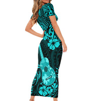 Hawaii Ukulele Short Sleeve Bodycon Dress Polynesian Pattern Turquoise Version - Wonder Print Shop