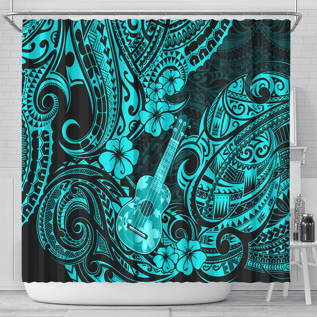 hawaii-ukulele-shower-curtain-polynesian-pattern-turquoise-version
