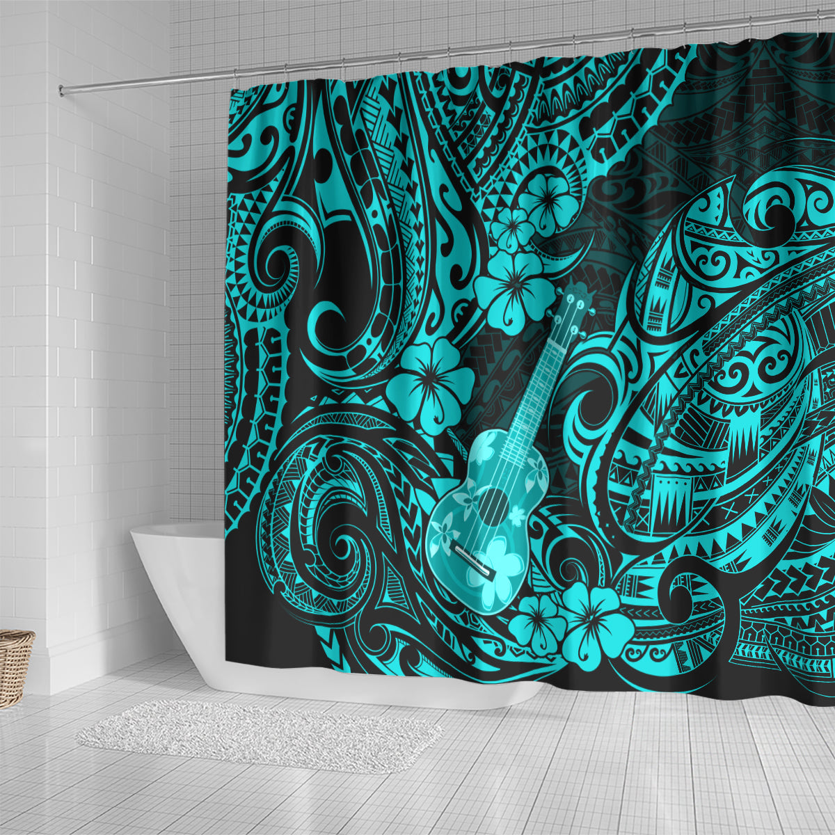 hawaii-ukulele-shower-curtain-polynesian-pattern-turquoise-version