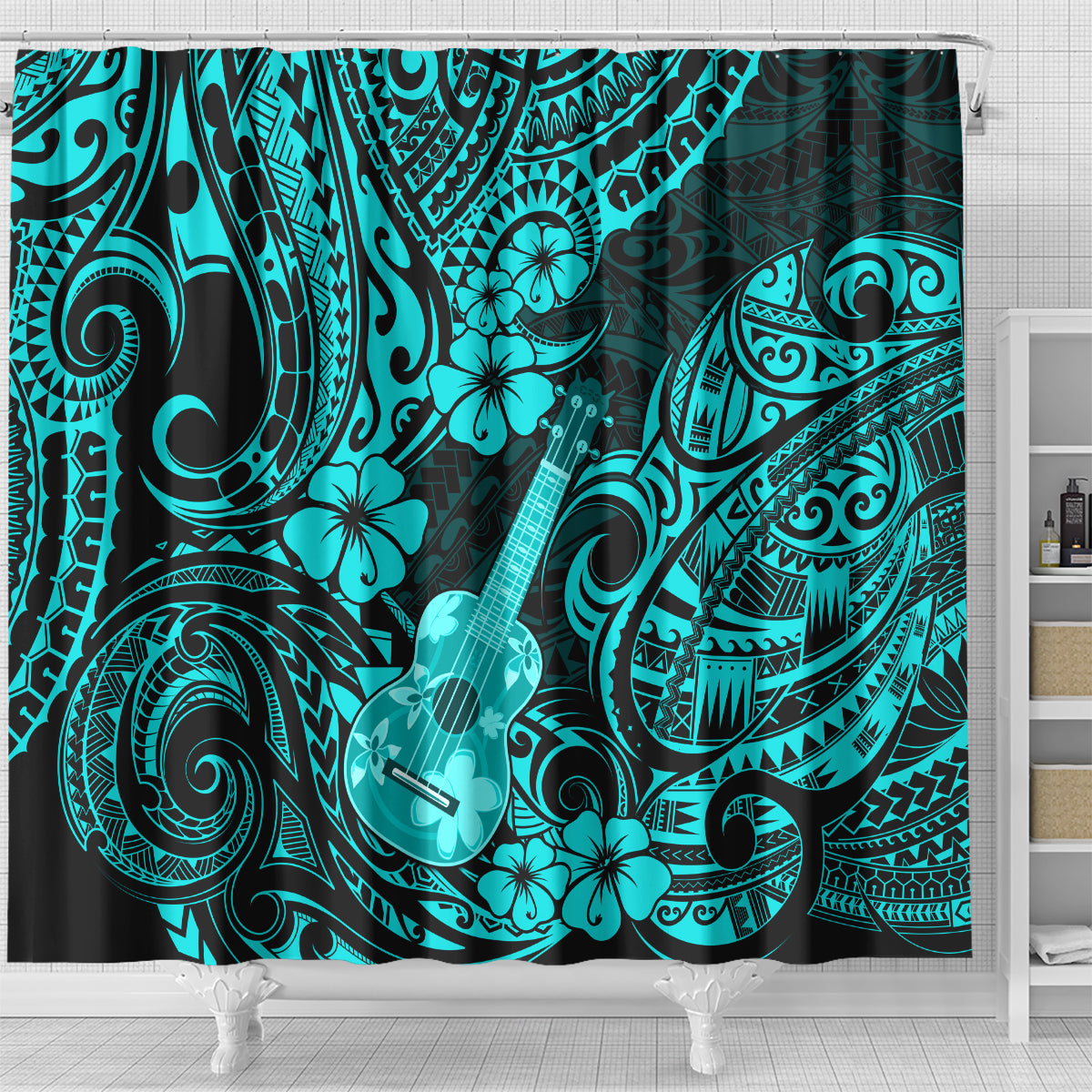 hawaii-ukulele-shower-curtain-polynesian-pattern-turquoise-version