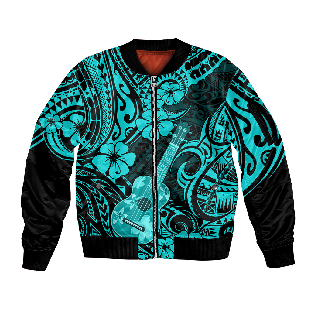 Hawaii Ukulele Sleeve Zip Bomber Jacket Polynesian Pattern Turquoise Version - Wonder Print Shop