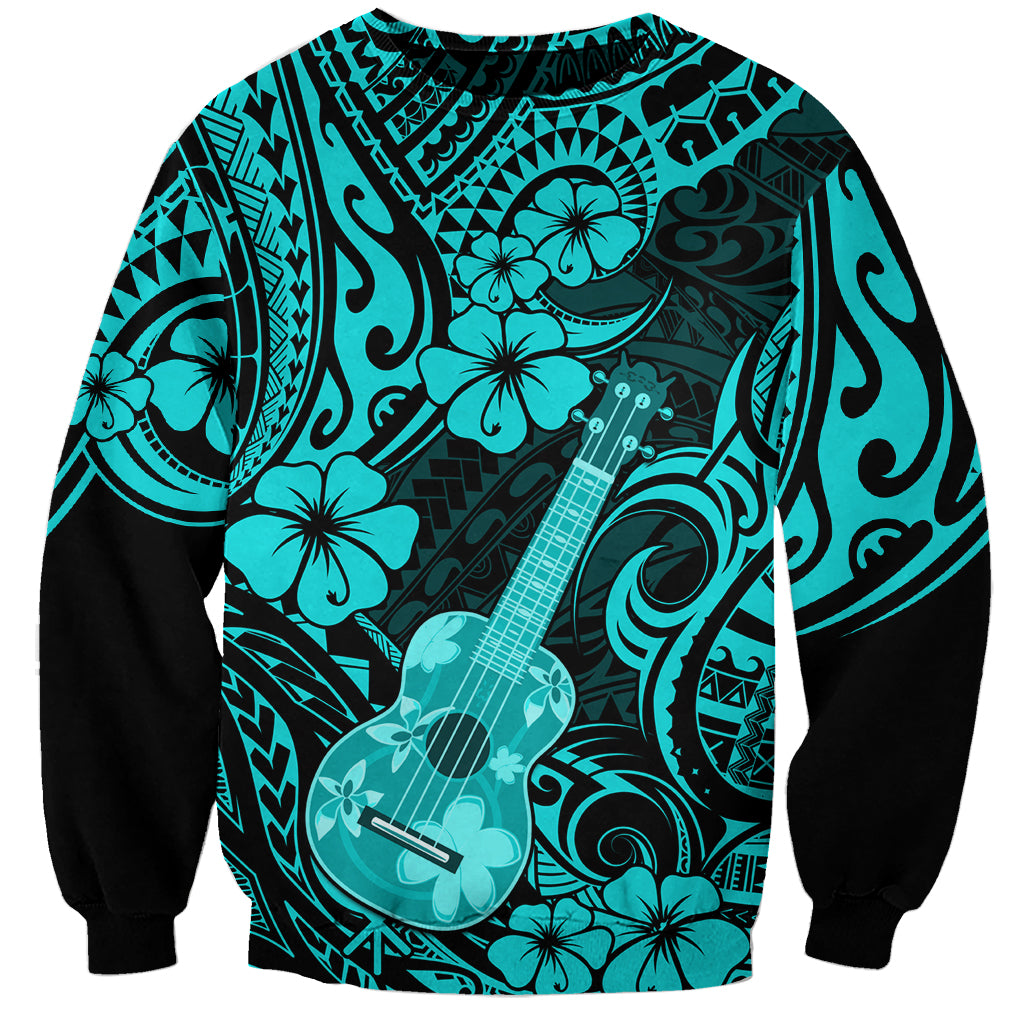 Hawaii Ukulele Sweatshirt Polynesian Pattern Turquoise Version - Wonder Print Shop
