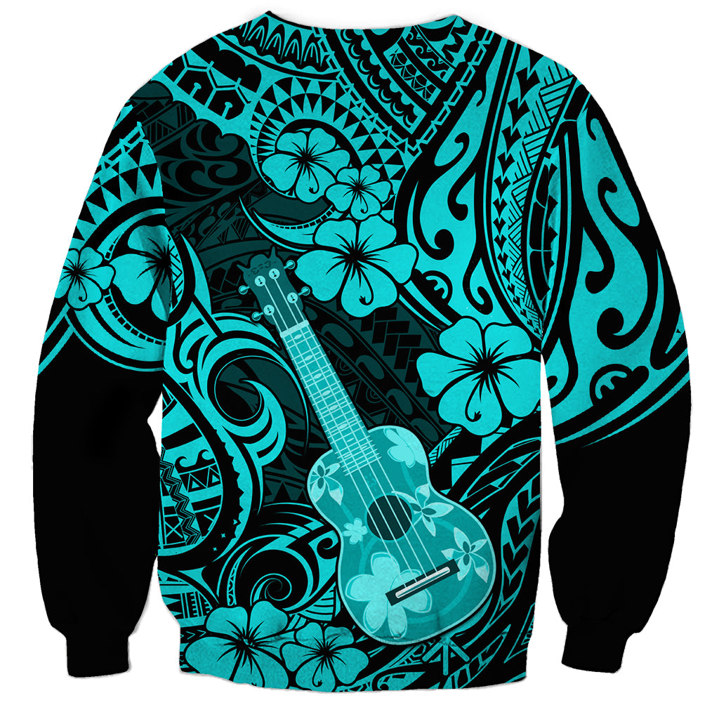 Hawaii Ukulele Sweatshirt Polynesian Pattern Turquoise Version - Wonder Print Shop