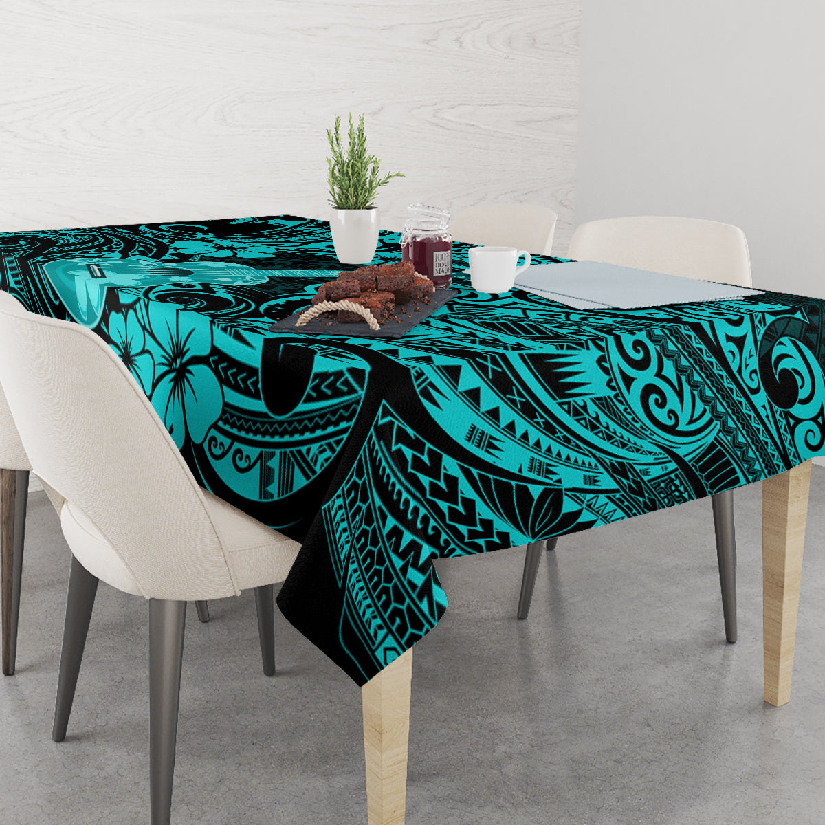 Hawaii Ukulele Tablecloth Polynesian Pattern Turquoise Version - Wonder Print Shop