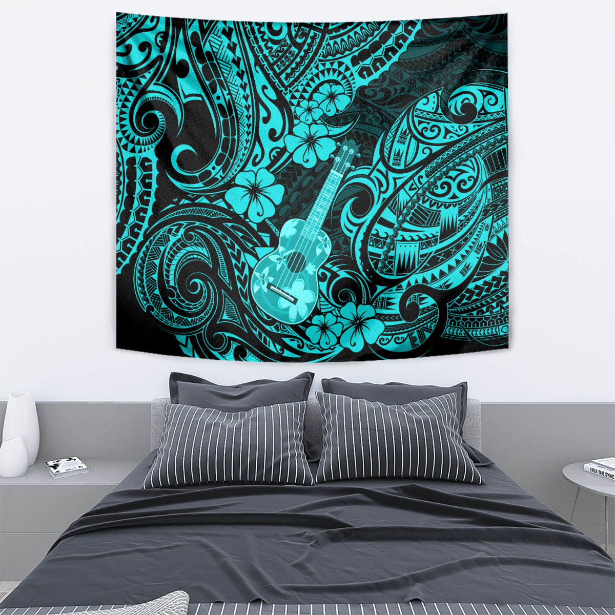 Hawaii Ukulele Tapestry Polynesian Pattern Turquoise Version - Wonder Print Shop